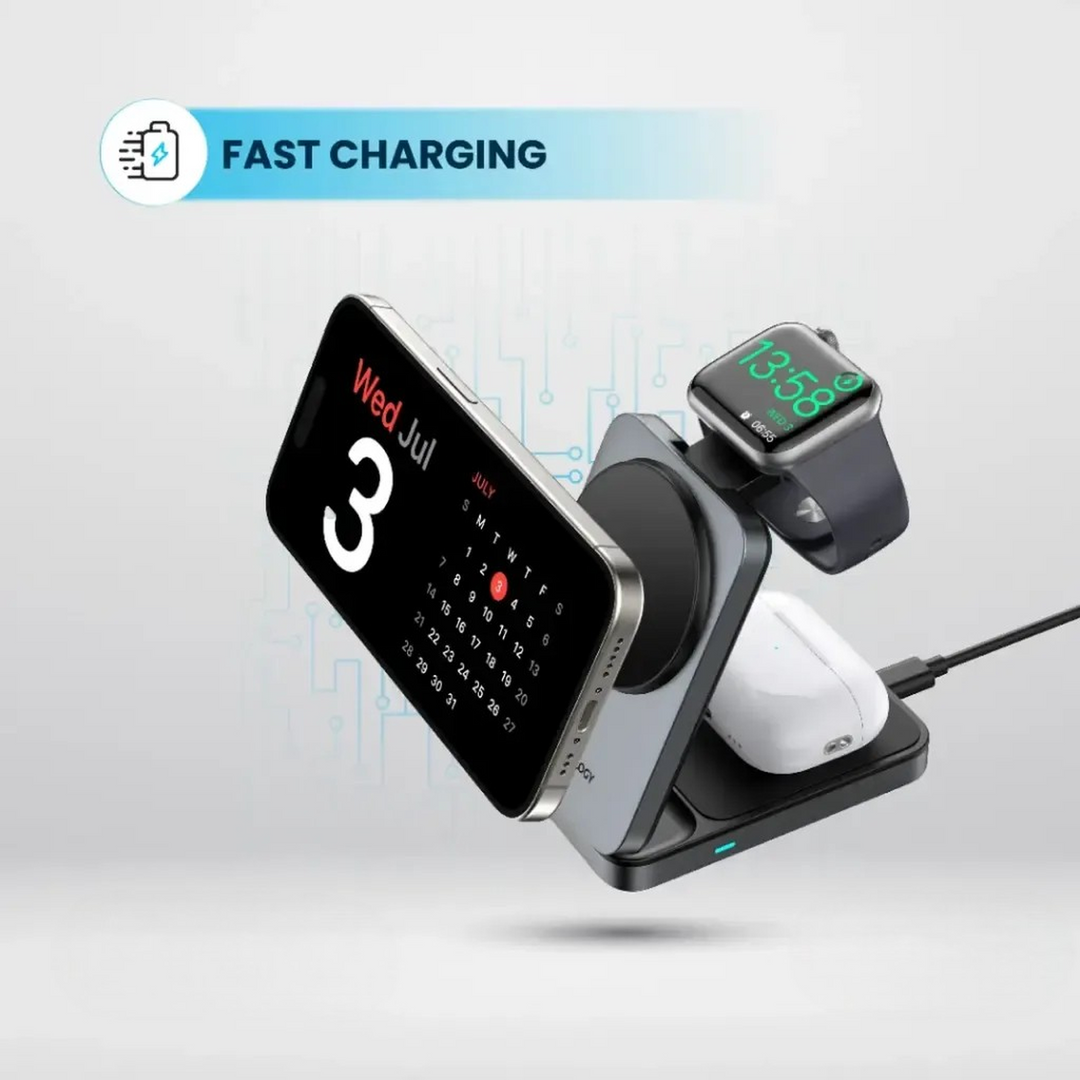 Foldable 3-in-1 Qi2 wireless charger for iPhone, earbuds, and Apple Watch
