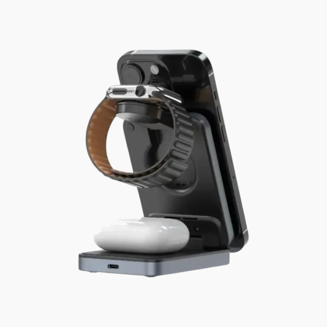 Foldable 3-in-1 Qi2 wireless charger for iPhone, earbuds, and Apple Watch