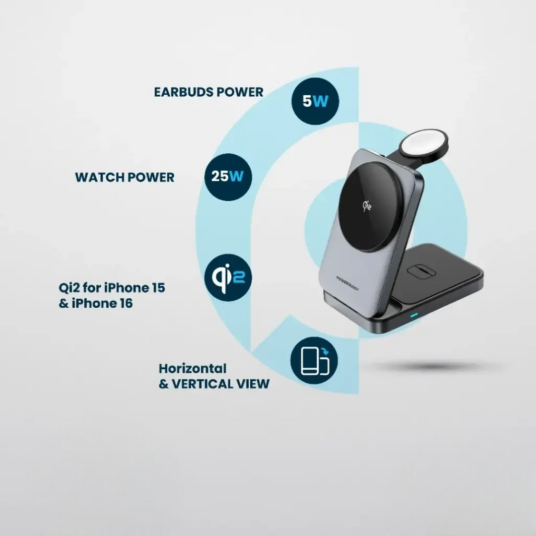 Foldable 3-in-1 Qi2 wireless charger for iPhone, earbuds, and Apple Watch
