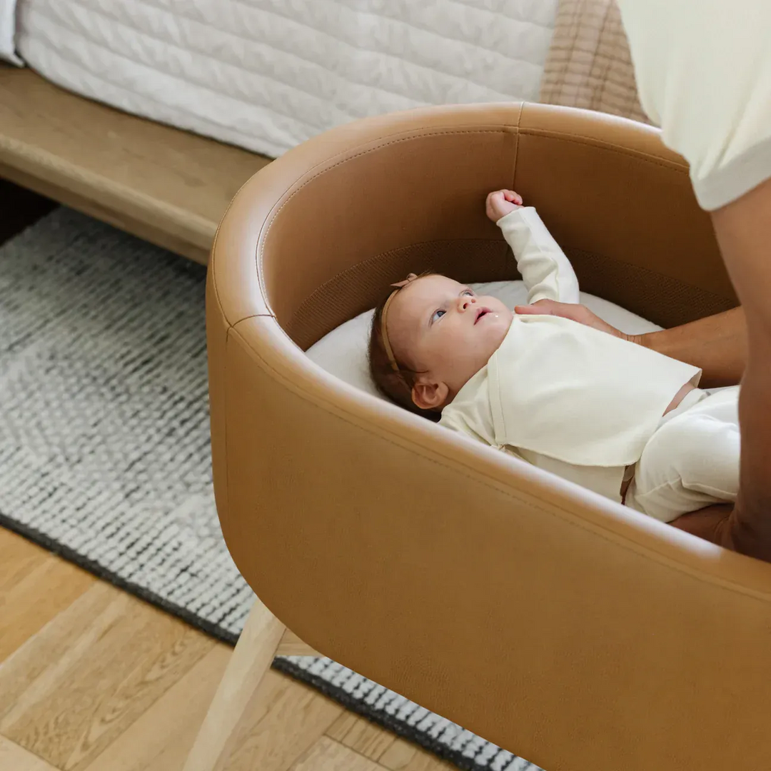 Babyletto x GATHRE Capsule Bassinet in camel vegan leather