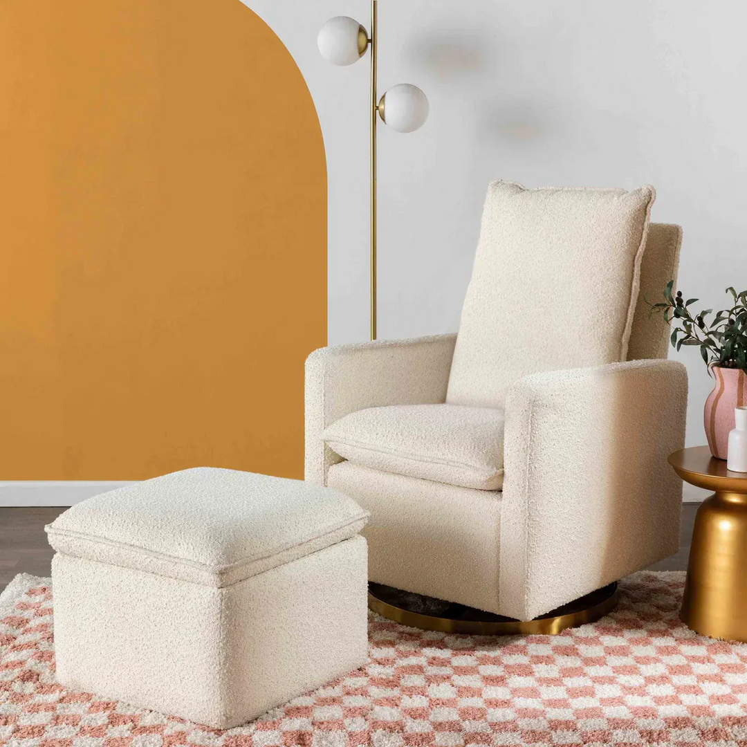 Babyletto Cali Pillowback Swivel Glider in Boucle with gold-tone metal base