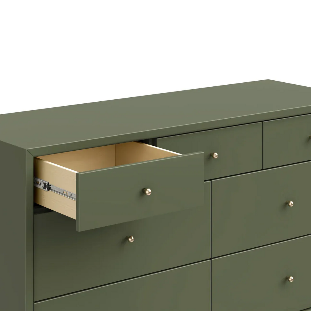 Assembled 7-drawer double dresser with contrasting walnut stained drawers