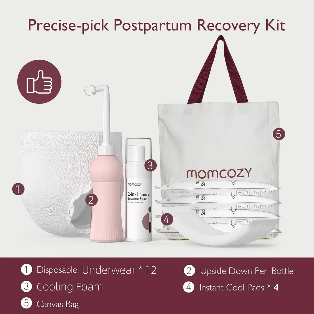 Momcozy Precise-pick Postpartum Recovery Kit with peri bottle, underwear, cold pads, and cooling foam