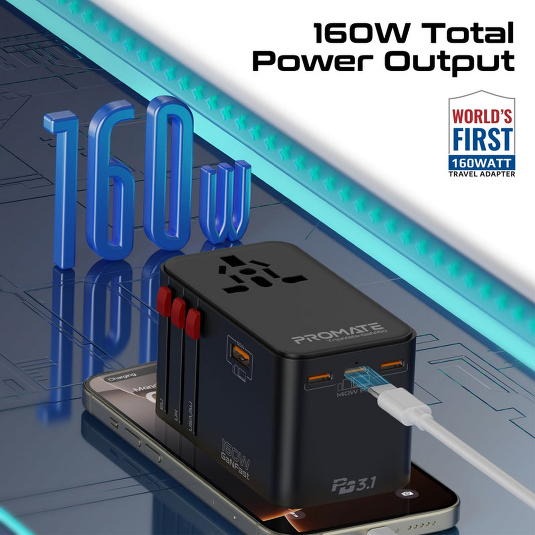 Promate TripMate-GaN 160W Travel Adapter