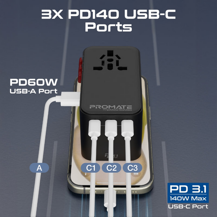 Promate TripMate-GaN 160W Travel Adapter