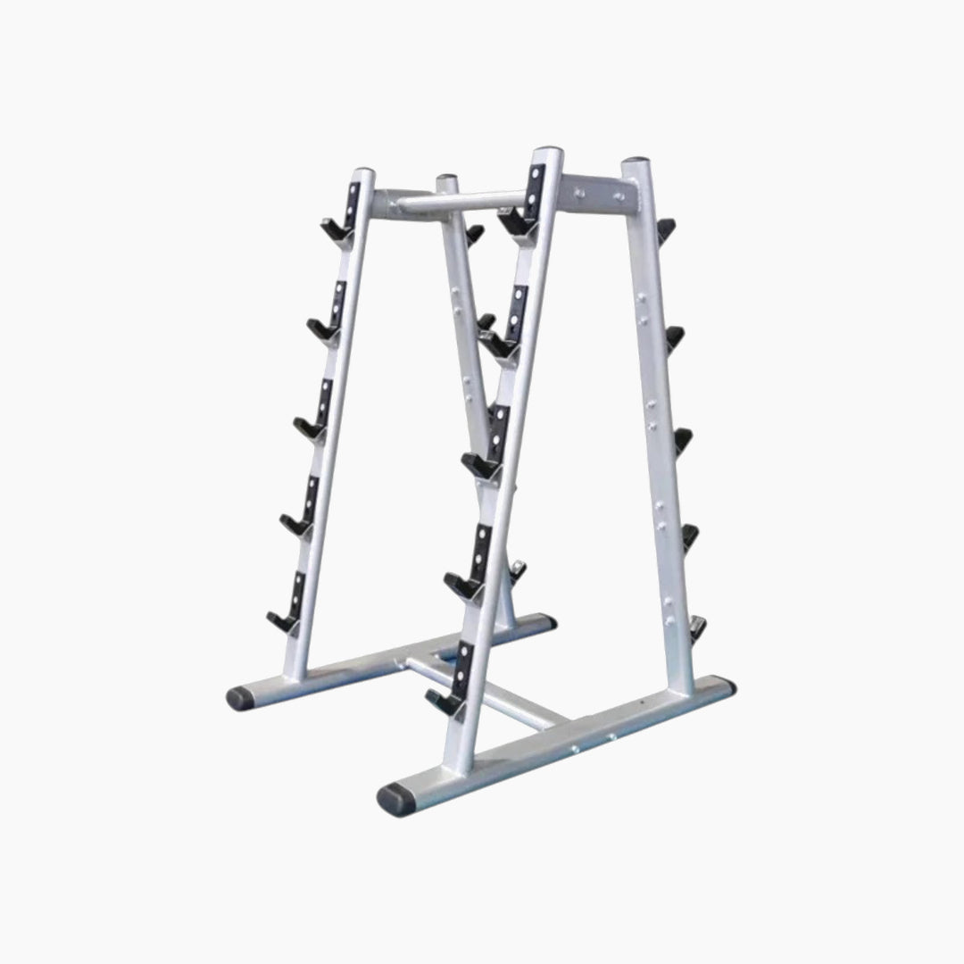 Pyramid bar stand with dual-sided storage for 10 pairs of barbells