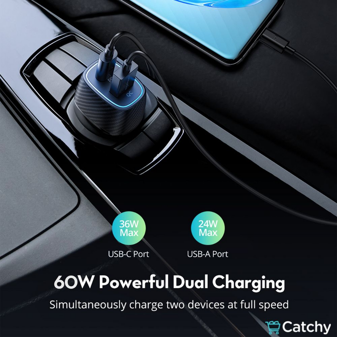 RAVPOWER Car Charger 60W Dual Port QC24W &amp; PD36W