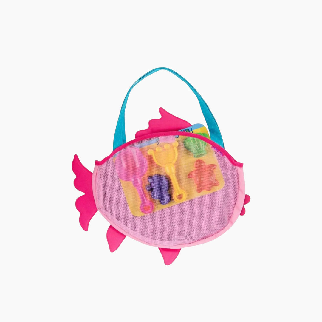 Stephen Joseph beach tote with shark design and sand toys