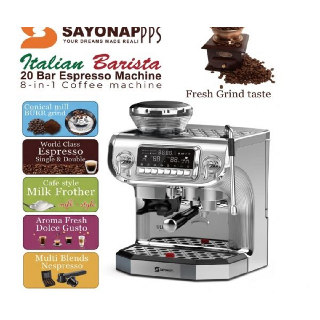 Sayona 8-in-1 Espresso Machine with Grinder, 20 Bar