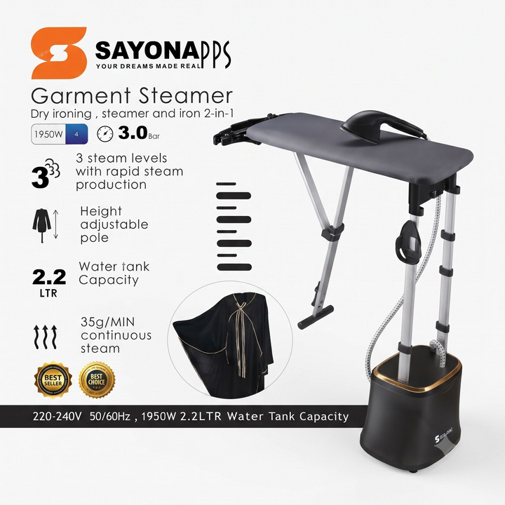 Sayona Vertical Steam Iron 1950W with Built-In Ironing Table