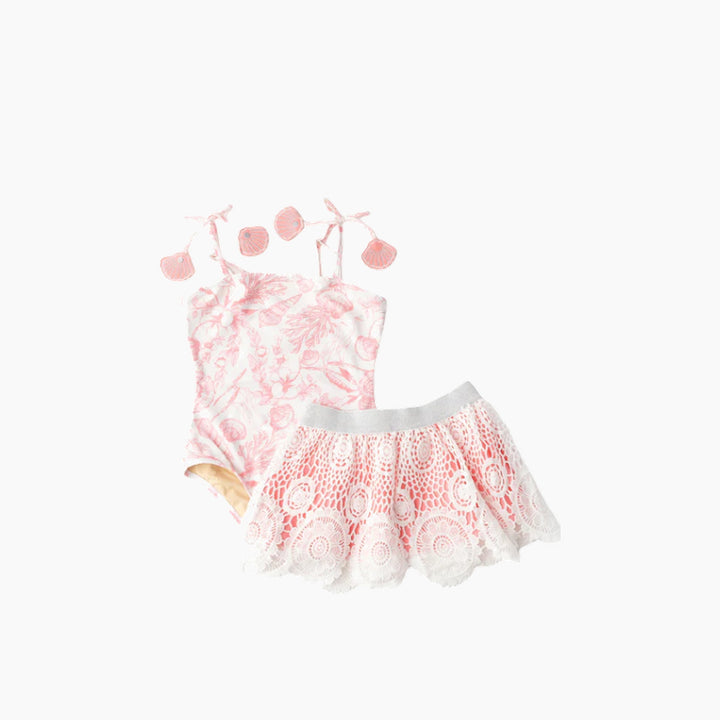 طقم سباحة قطعة واحدة وتنورة للبنات من Shade Critters بتصميم Seaside Toile