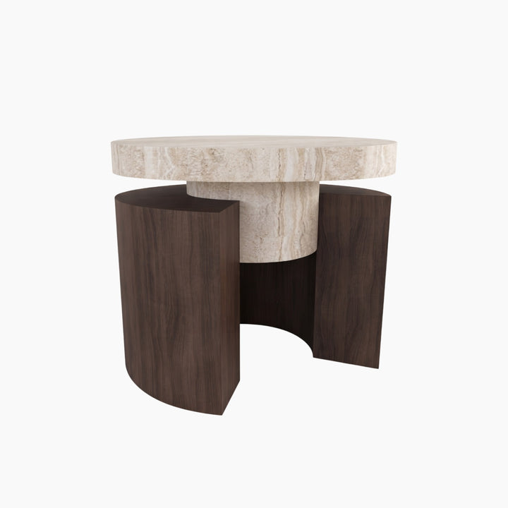 Travertine Drum &amp; Wood Panel Side Table