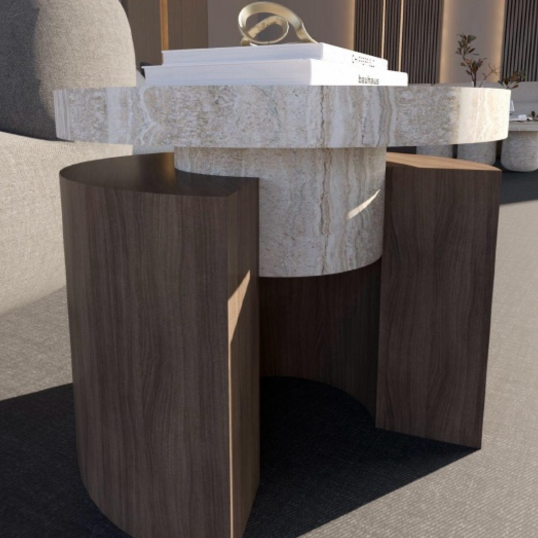 Travertine Drum &amp; Wood Panel Side Table