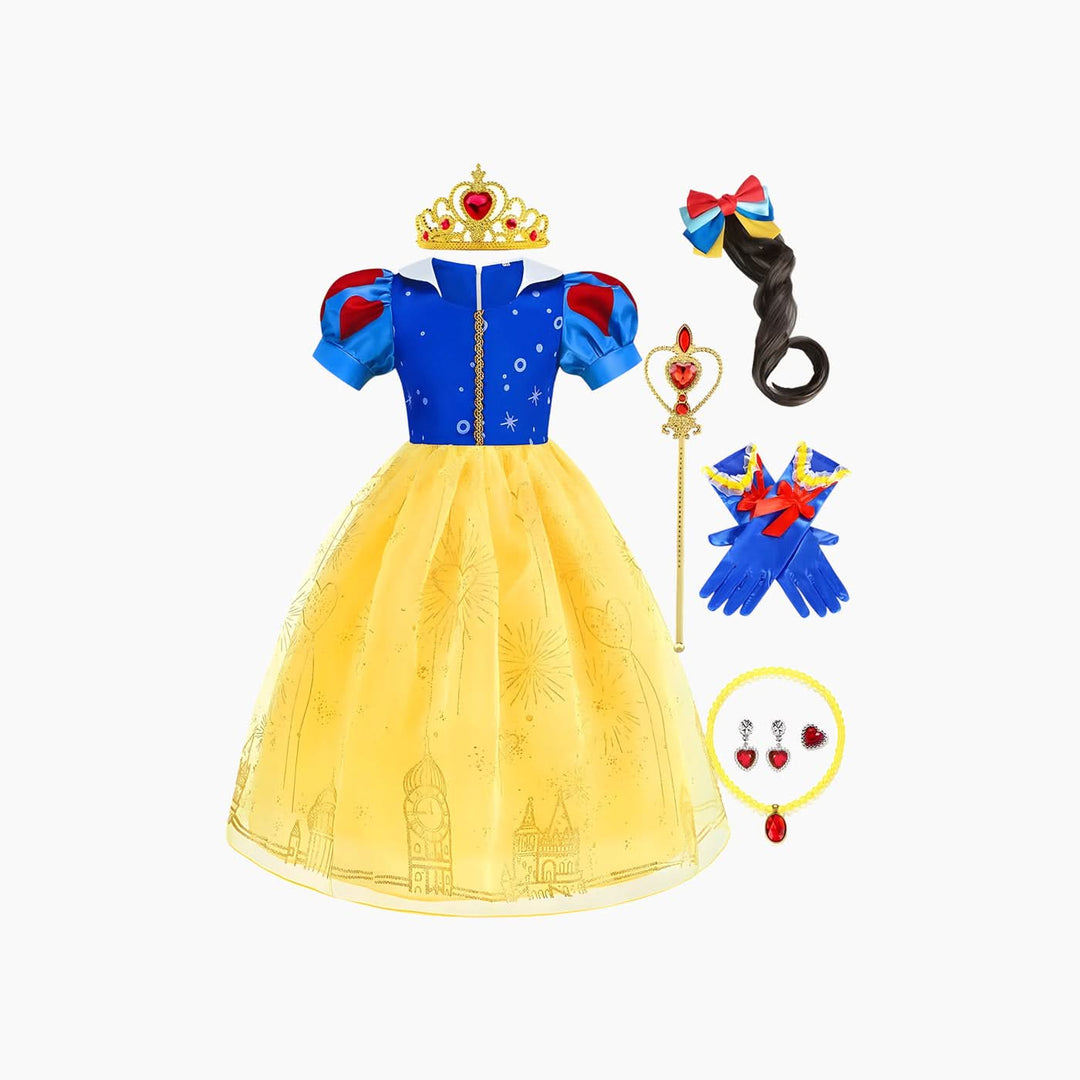 Snow White princess costume with satin dress and puffed sleeves