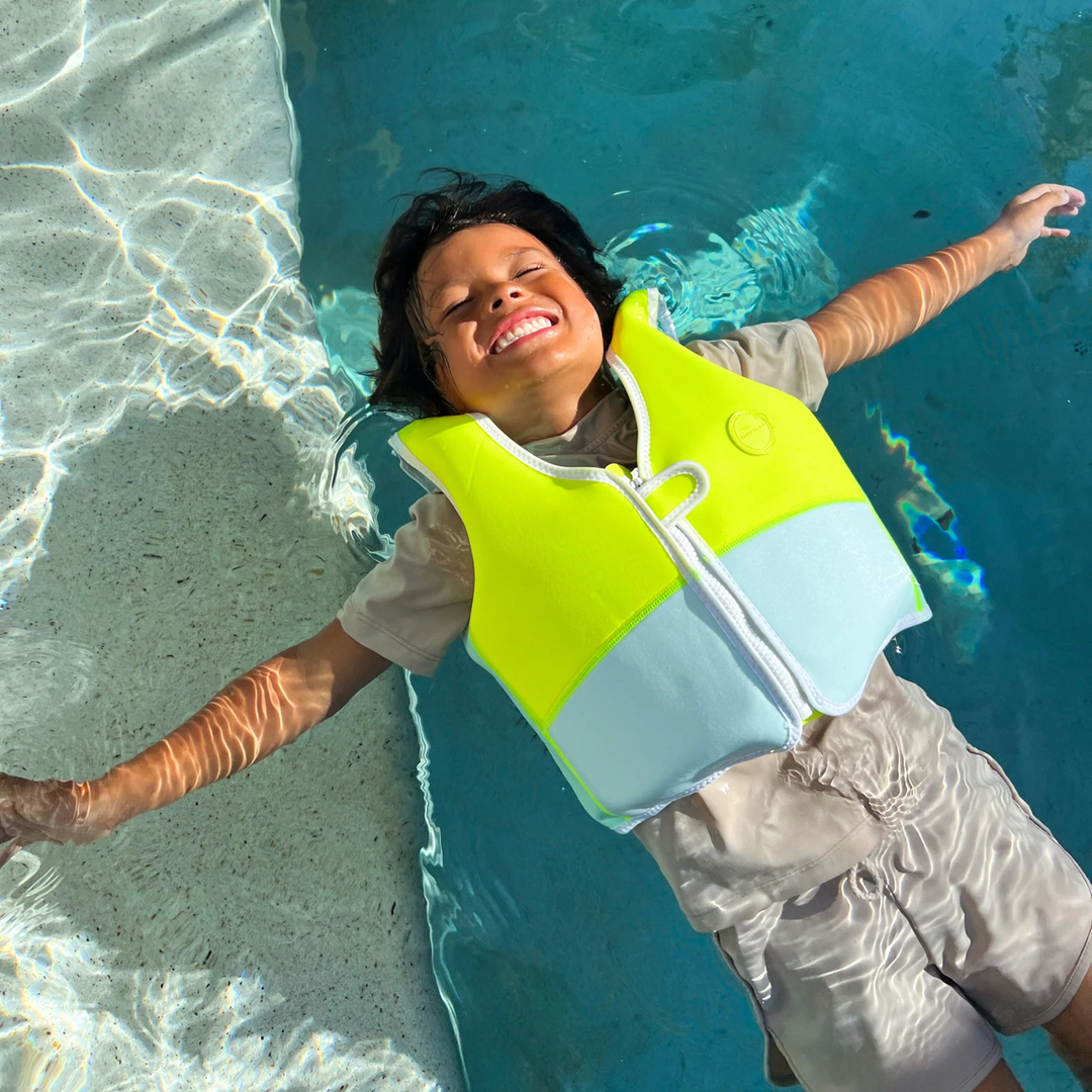 Salty the Shark Aqua Neon Yellow swim vest with 3D tail