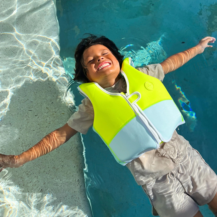 Salty the Shark Aqua Neon Yellow swim vest with 3D tail