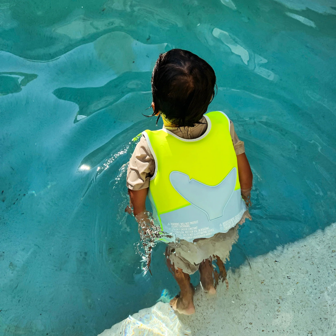 Salty the Shark Aqua Neon Yellow swim vest with 3D tail