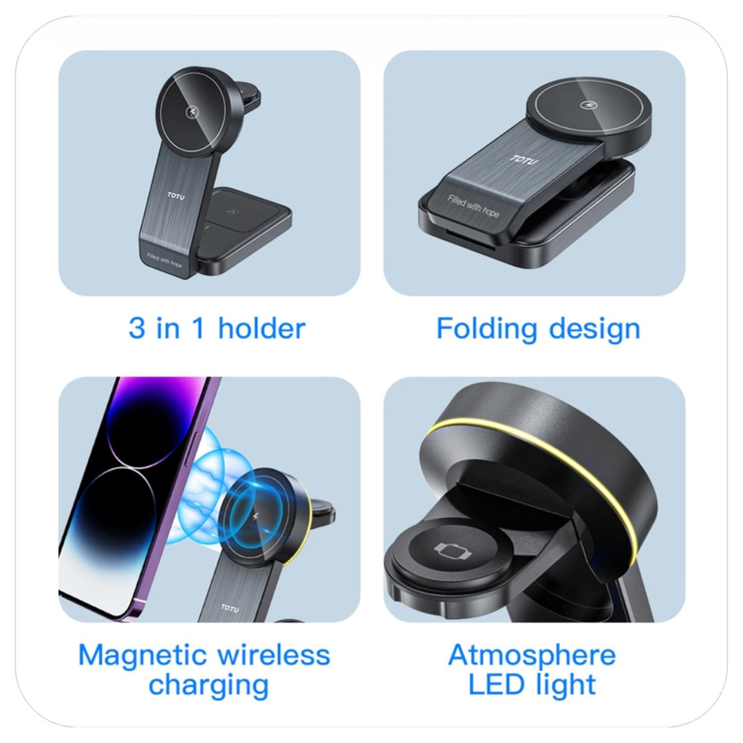 Totu CW-1-W 3-in-1 magnetic wireless charger with aluminum alloy construction