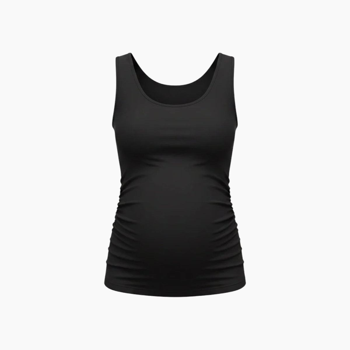 Maternity tank top in black with scoop neckline and side ruching