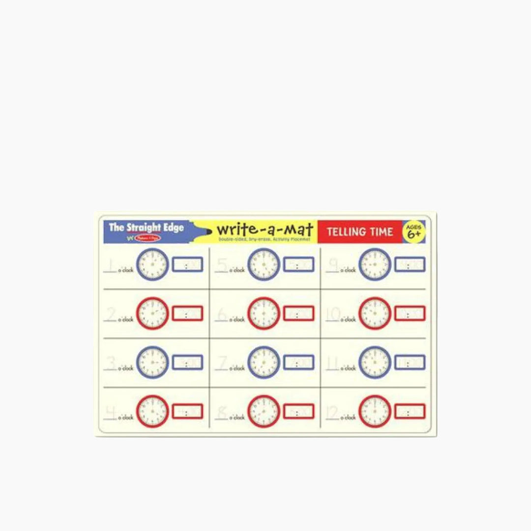 Melissa &amp; Doug Telling Time Write-A-Mat educational toy with erasable surface