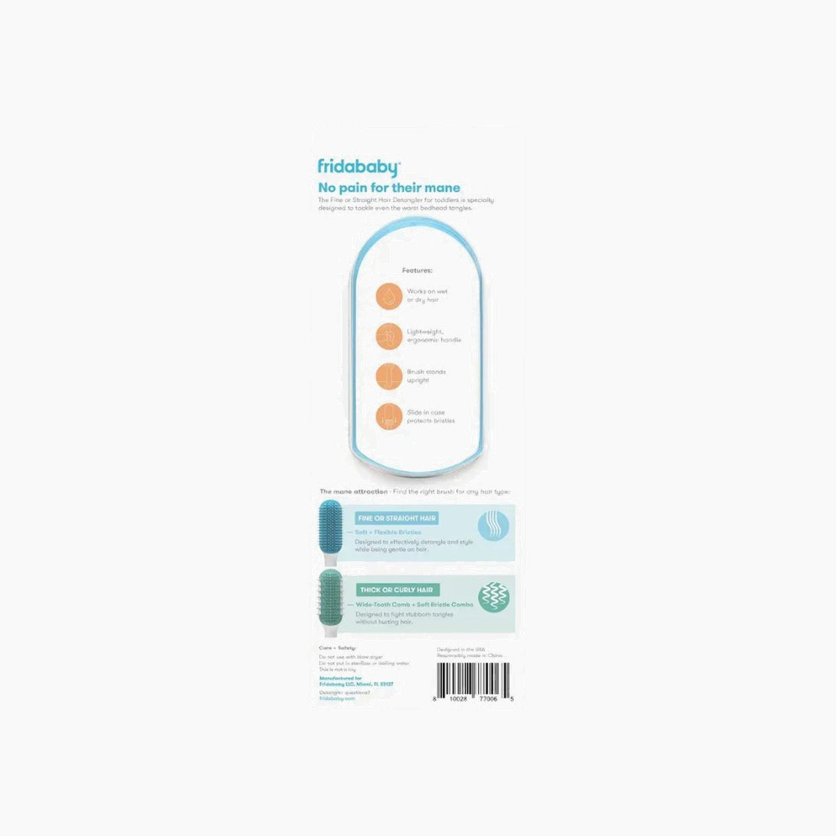 FridaBaby Thick Or Curly Hair Detangler comb with wide-tooth comb and bristles