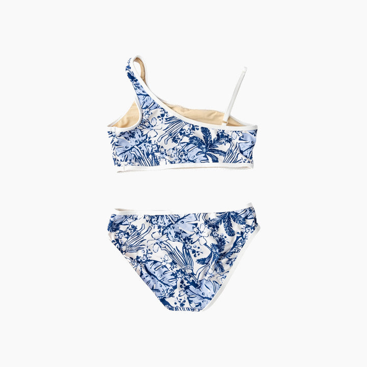 Girls one shoulder two piece swimsuit with white trim