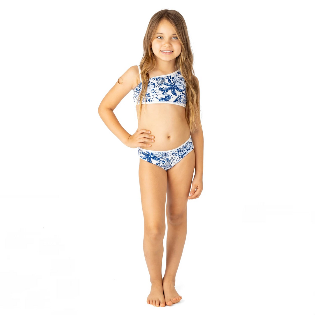 Girls one shoulder two piece swimsuit with white trim