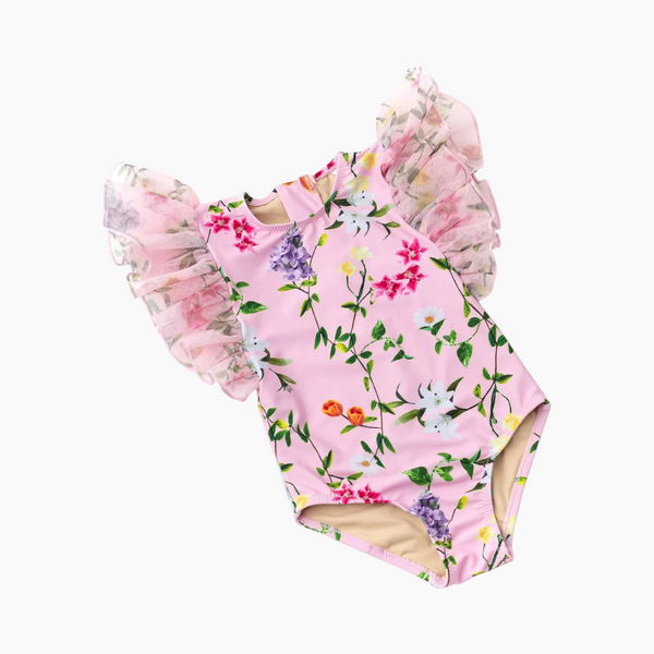 Tulle Sleeve Wildflowers Swimsuit