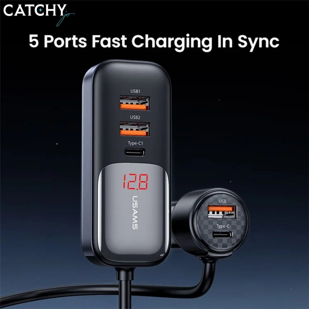 USAMS US-CC213 5 Ports Digital Display Fast Car Charger With Data Cable (165W)