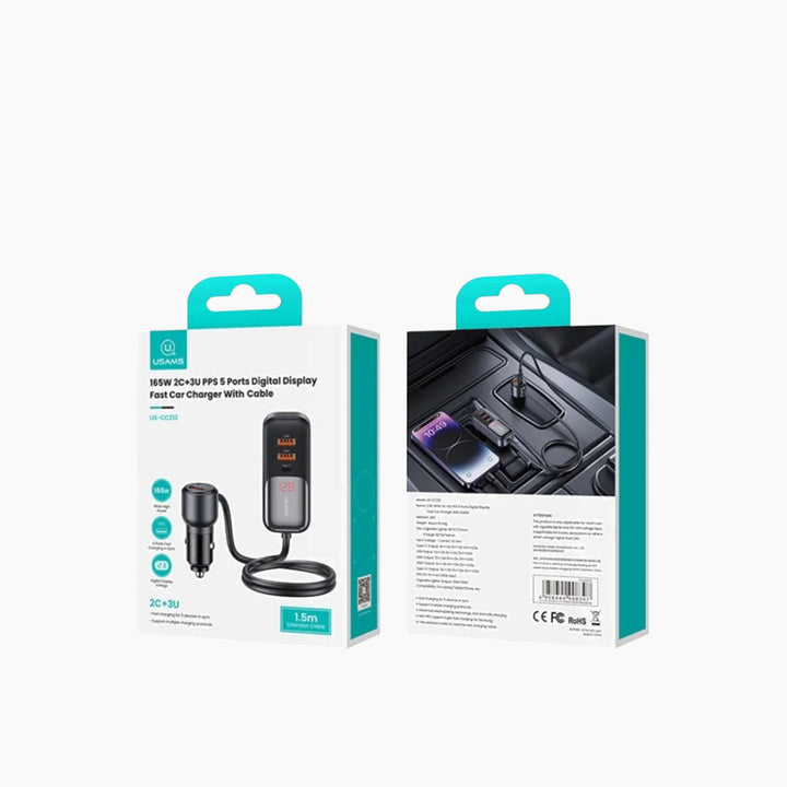 USAMS US-CC213 5 Ports Digital Display Fast Car Charger With Data Cable (165W)