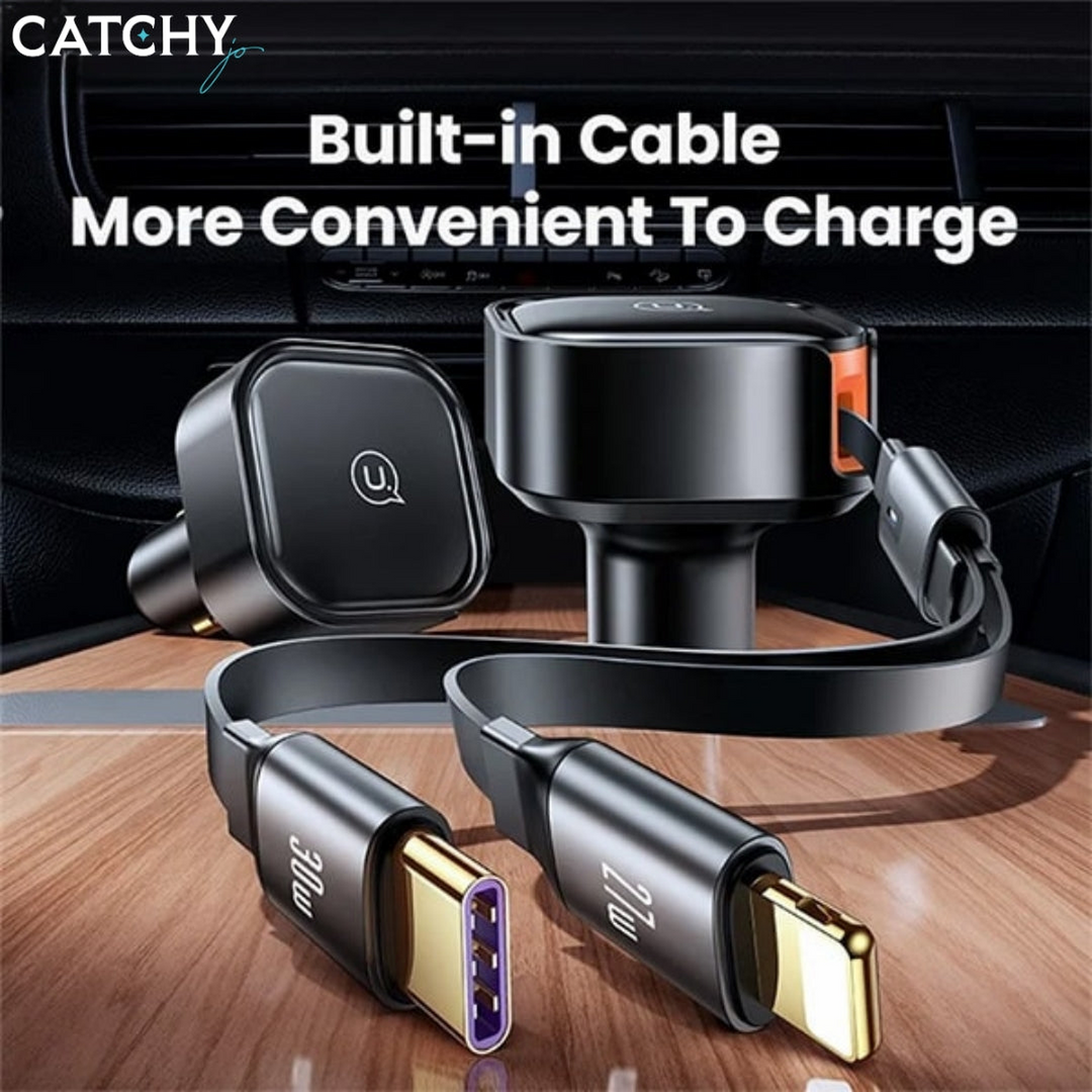 USAMS US-CC219 Car Charger With 2IN1 Retractable Cable Type-C+Lightning (30W)