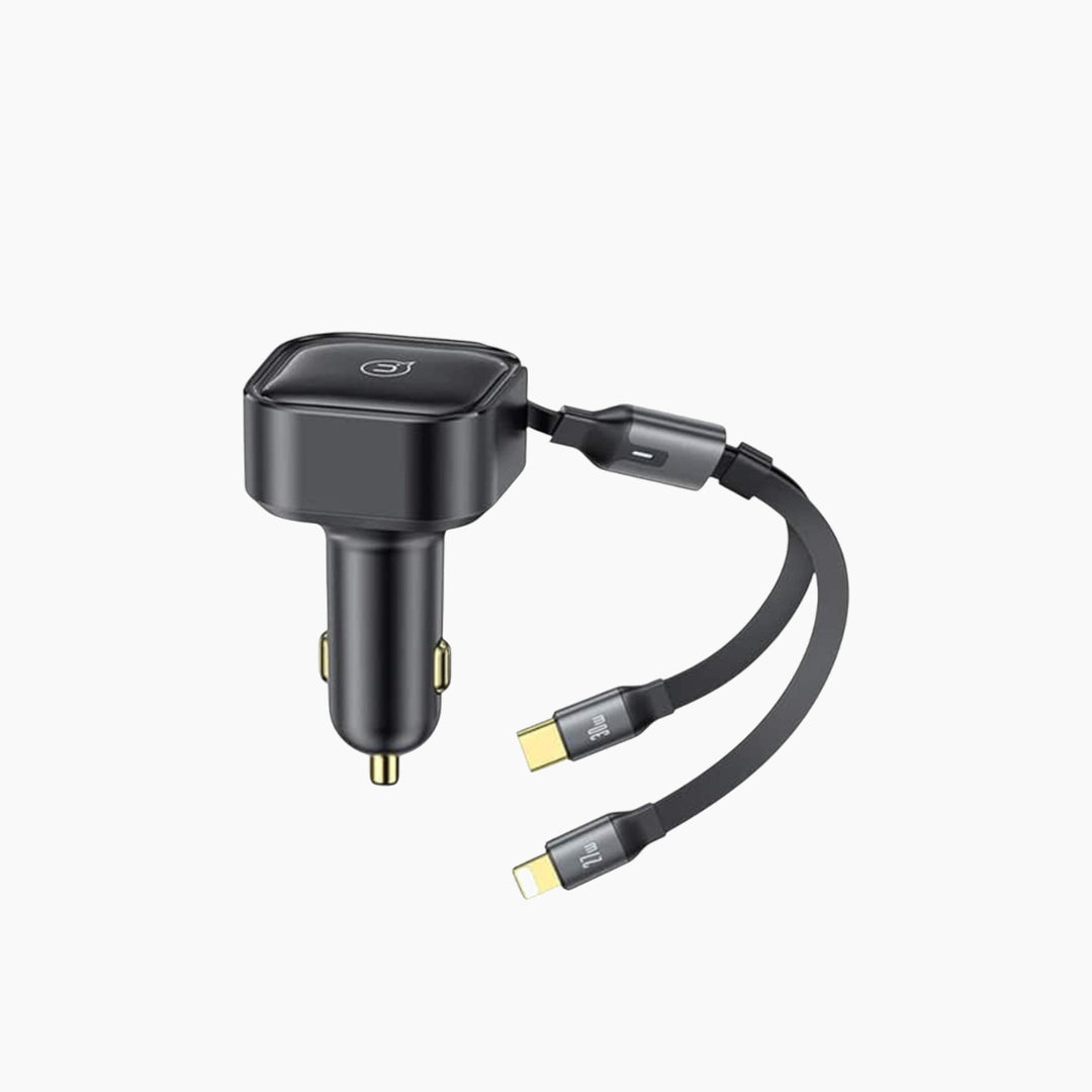 USAMS US-CC219 Car Charger With 2IN1 Retractable Cable Type-C+Lightning (30W)