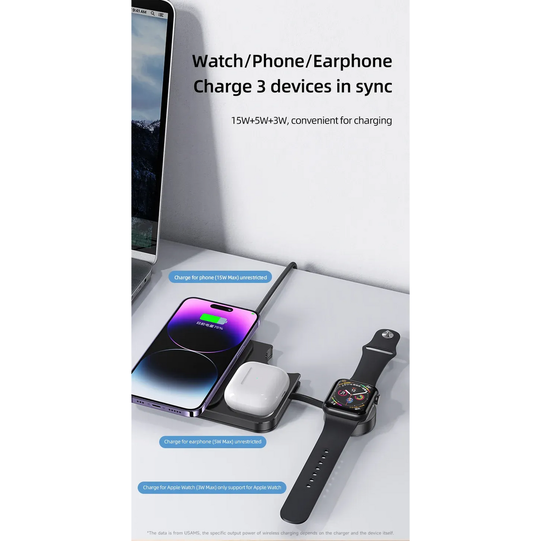 Usams US-CD190 3-in-1 desktop wireless charger made of ABS+skinning