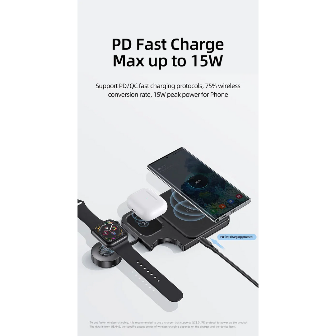 Usams US-CD190 3-in-1 desktop wireless charger made of ABS+skinning