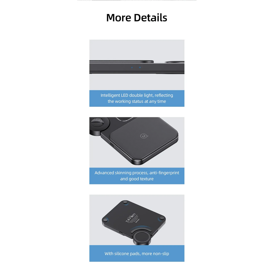 Usams US-CD190 3-in-1 desktop wireless charger made of ABS+skinning