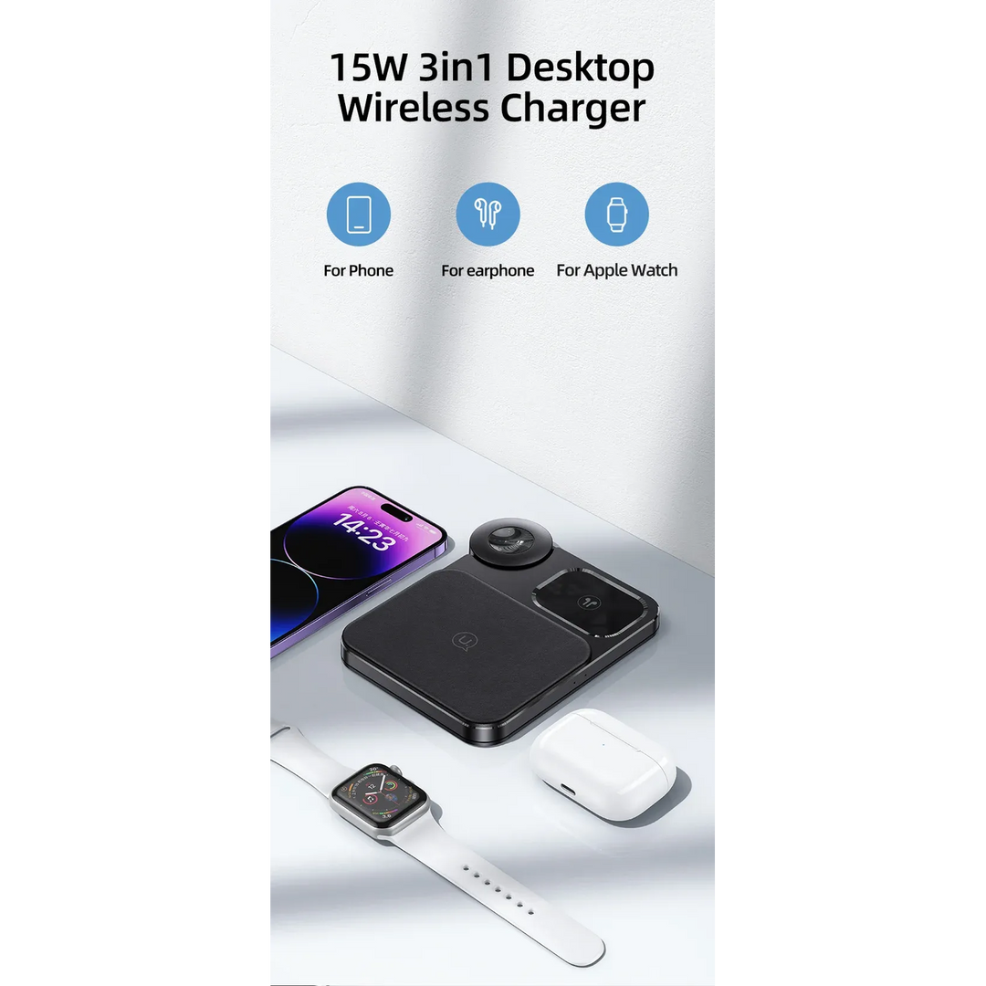 Usams US-CD190 3-in-1 desktop wireless charger made of ABS+skinning