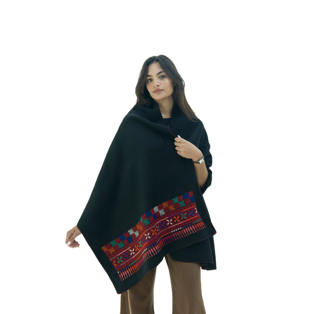 Ramz Embroidery Disc of Feathers Jaffa Embroidered Black Cashmere Scarf - HUNA