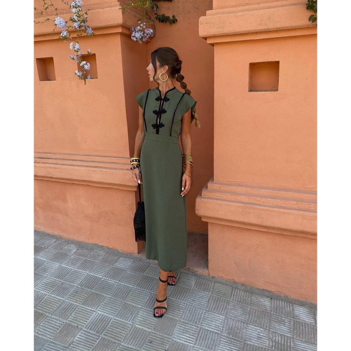 Mandarin Trim Linen Maxi Dress