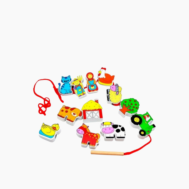 Viga Lacing Blocks Farm Activity Toy with threading play pieces