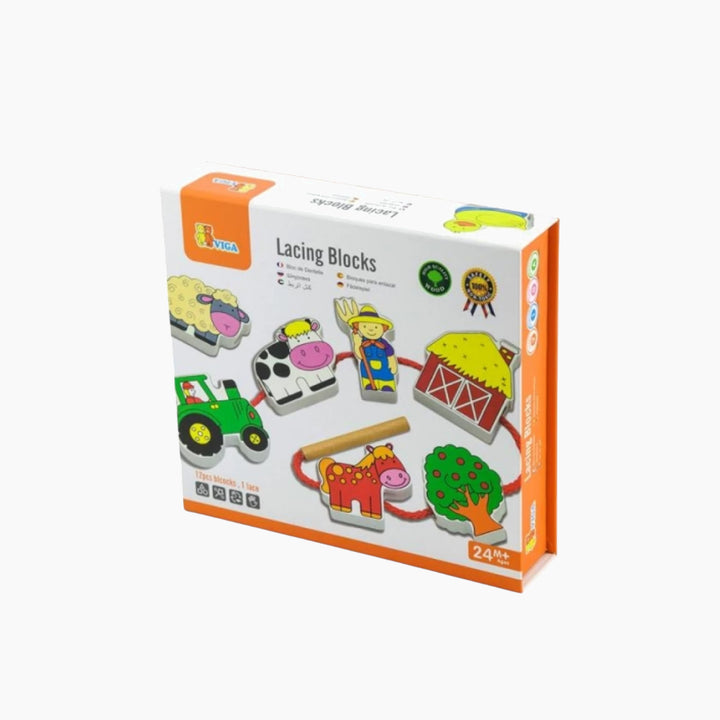 Viga Lacing Blocks Farm Activity Toy with threading play pieces