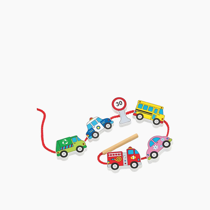 Viga Lacing Blocks educational toy with transportation theme