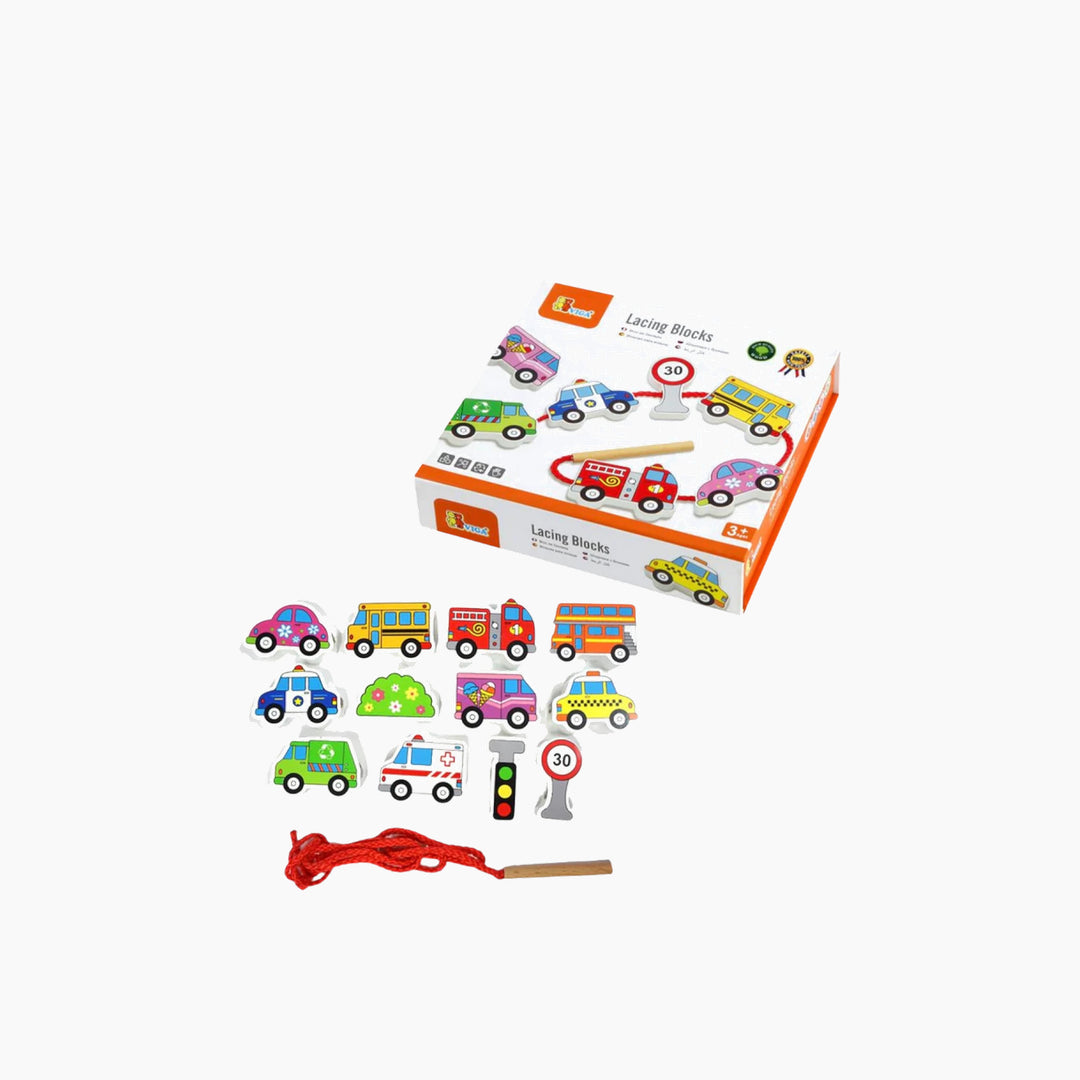 Viga Lacing Blocks educational toy with transportation theme