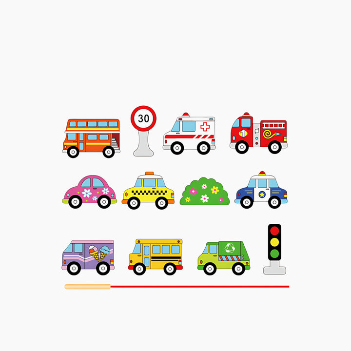 Viga Lacing Blocks educational toy with transportation theme
