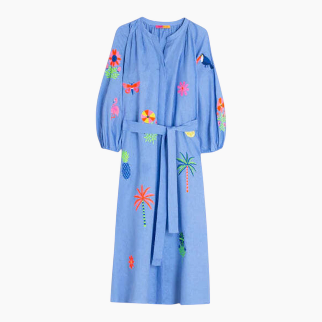 Vilagallo Blue Dress With Tropical Embroidery