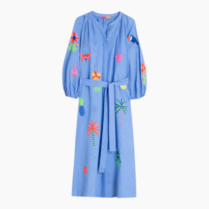 Vilagallo Blue Dress With Tropical Embroidery
