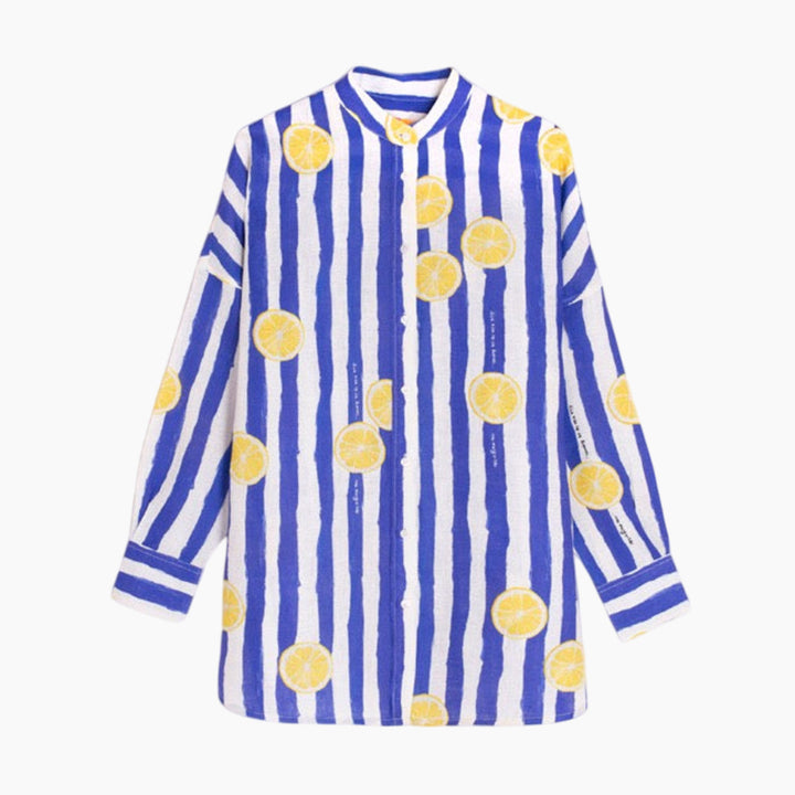 Vilagallo Mao Shirt Blue &amp; White Stripe Lemon Print