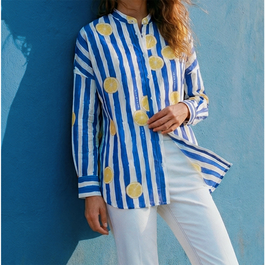 Vilagallo Mao Shirt Blue &amp; White Stripe Lemon Print