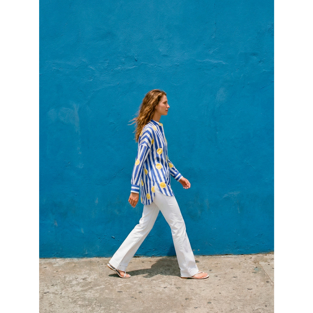Vilagallo Mao Shirt Blue &amp; White Stripe Lemon Print