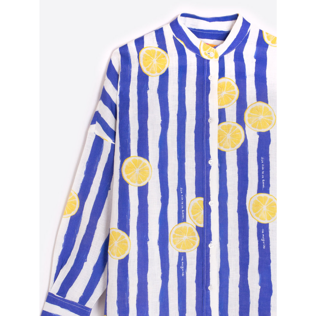 Vilagallo Mao Shirt Blue &amp; White Stripe Lemon Print