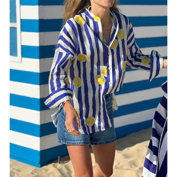 Vilagallo Mao Shirt Blue &amp; White Stripe Lemon Print